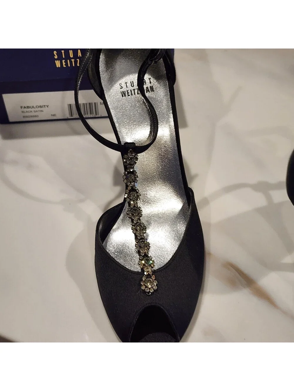 New Stuart Weitzman Fabulosity Black Satin Crystal T-Strap Heels Size 9